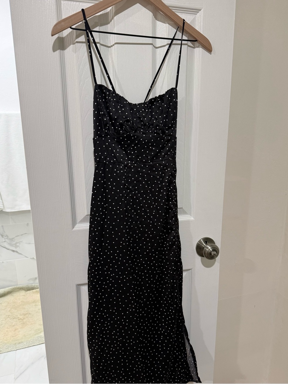 Black Polka Dot Slip Dress with Spaghetti Straps- cross back